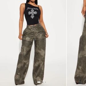 Fashion Nova Olive Tie-Dye Wide Leg Pants